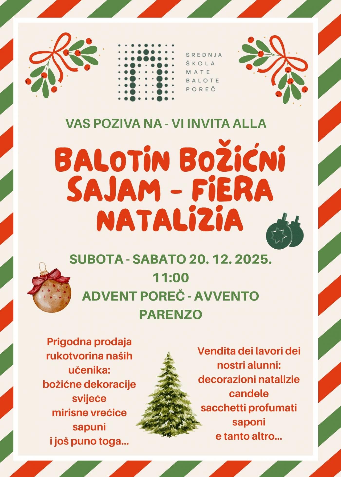 Srednja škola Mate Balote Poreč po prvi puta organizira Balotin božićni sajam – fiera natalizia na porečkom Adventu