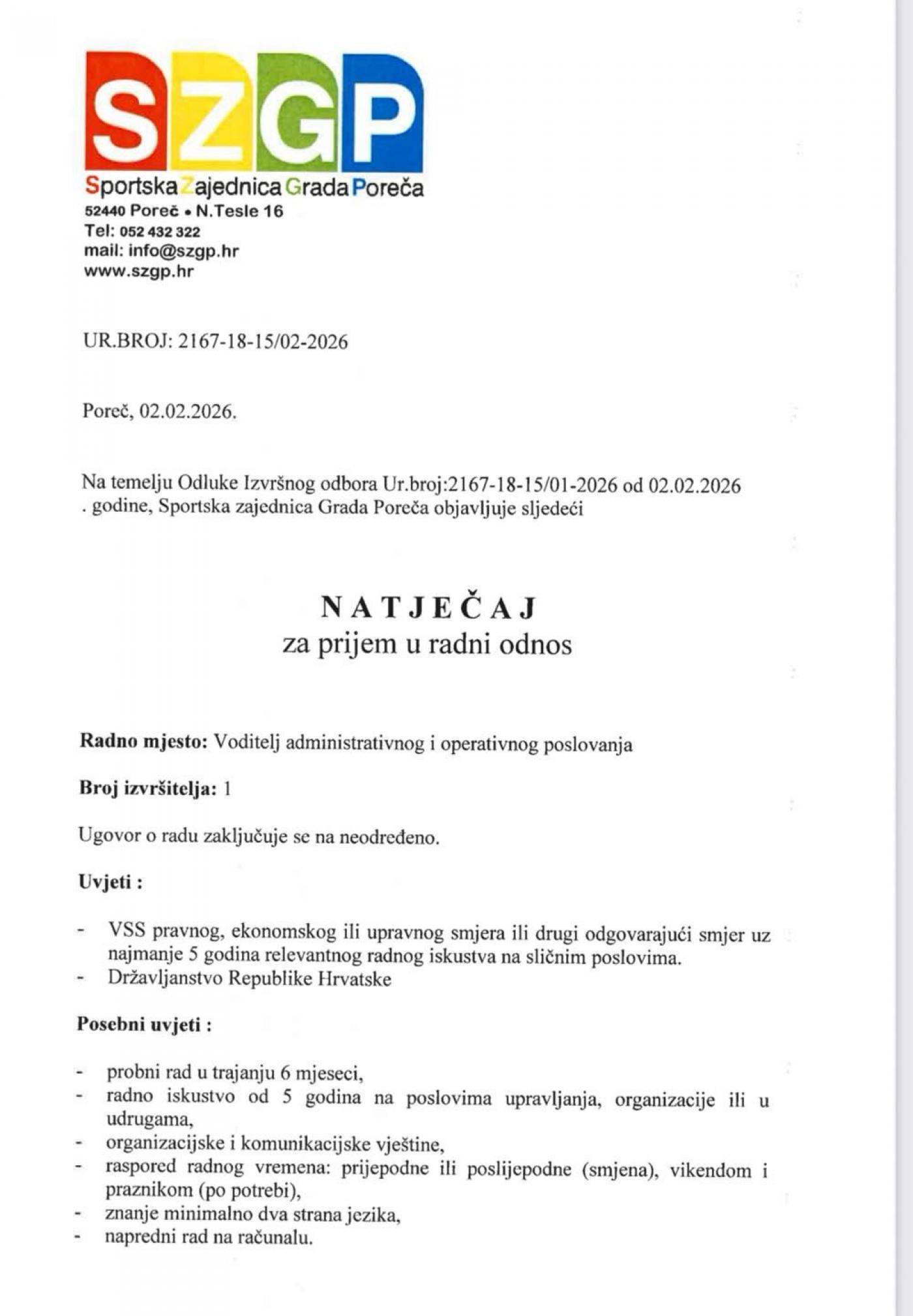 Natječa za zapošljavanje u SZGP