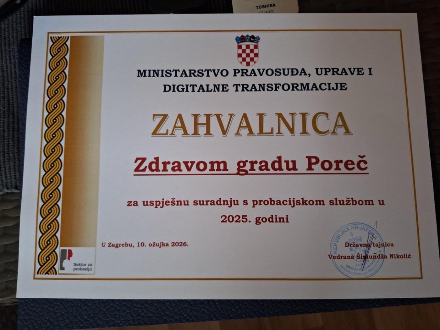 Centar Zdravi grad Poreč među dobitnicima zahvalnice probacijske službe