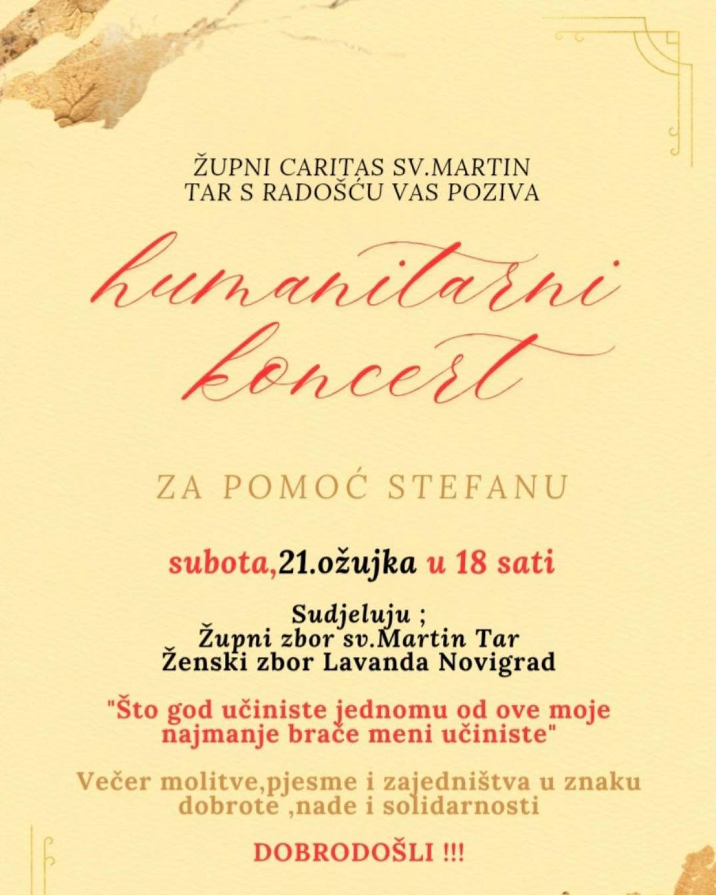 Župni Caritas sv. Martin Tar s radošću poziva sve građane na humanitarni koncert za pomoć Stefanu