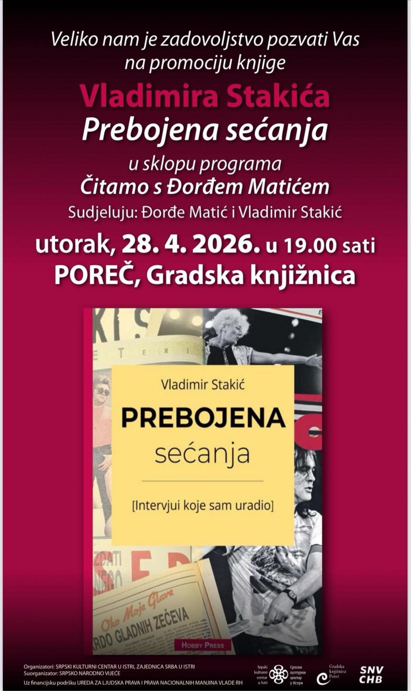 Predstavljanje knjige Vladimira Stakića „Prebojena sećanja (intervjui koje sam uradio)“ u Gradskoj knjižnici Poreč