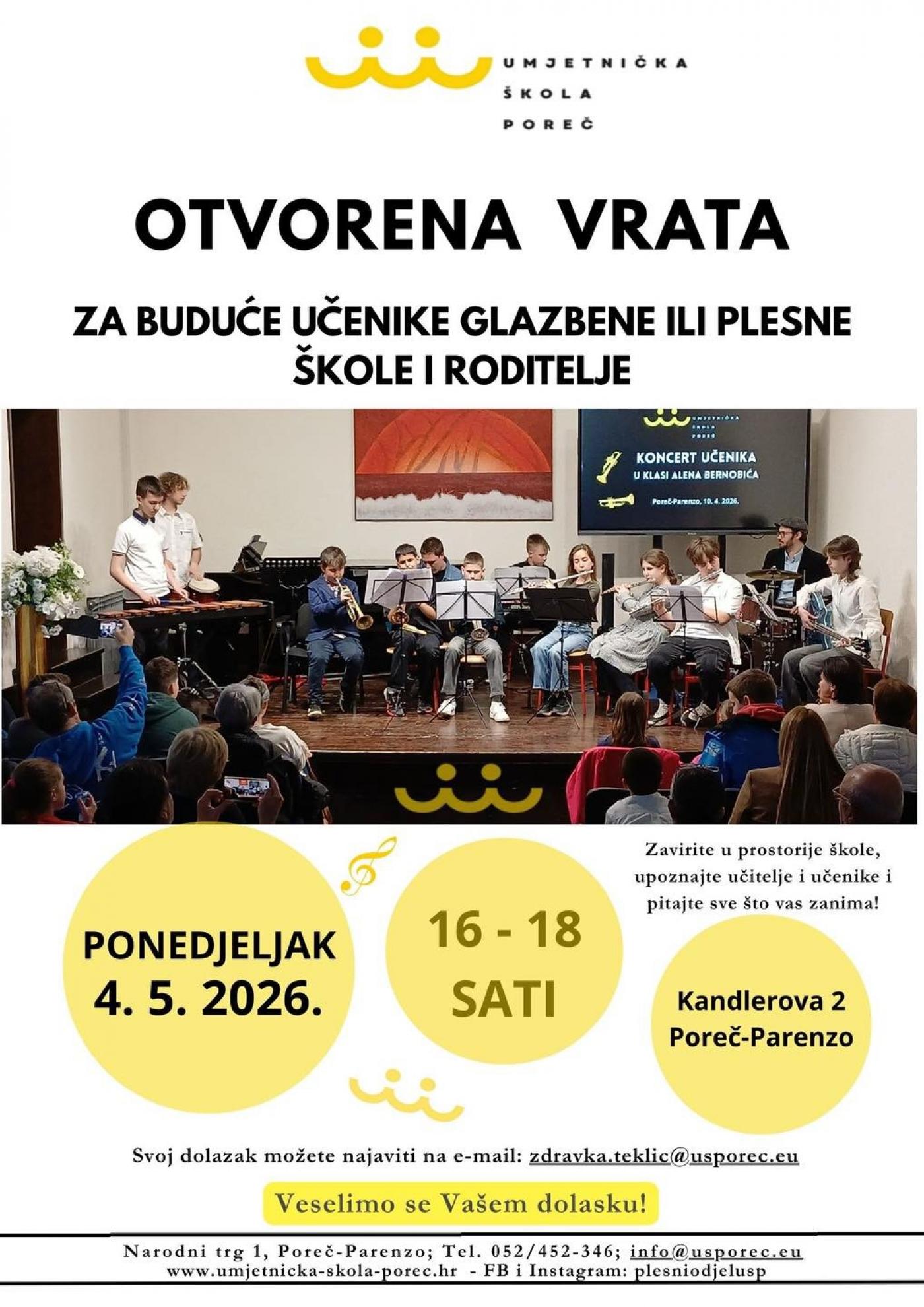 Umjetnička škola Poreč organizira Otvorena vrata za buduće učenike glazbene ili plesne škole i roditelje u ponedjeljak, 4. svibnja 2026. godine