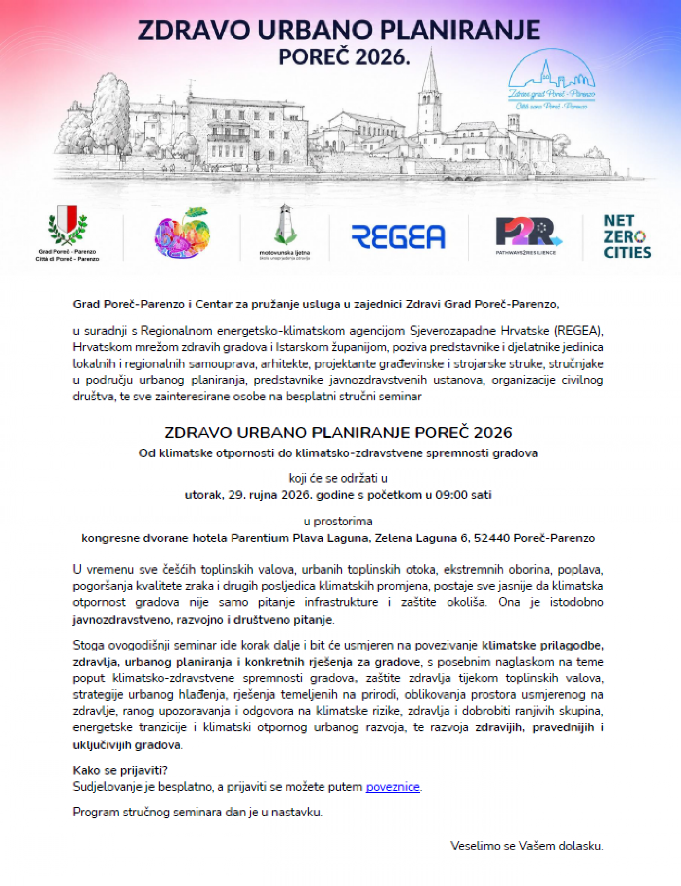 Grad Poreč-Parenzo poziva na besplatni stručni seminar Zdravo urbano planiranje Poreč 2026