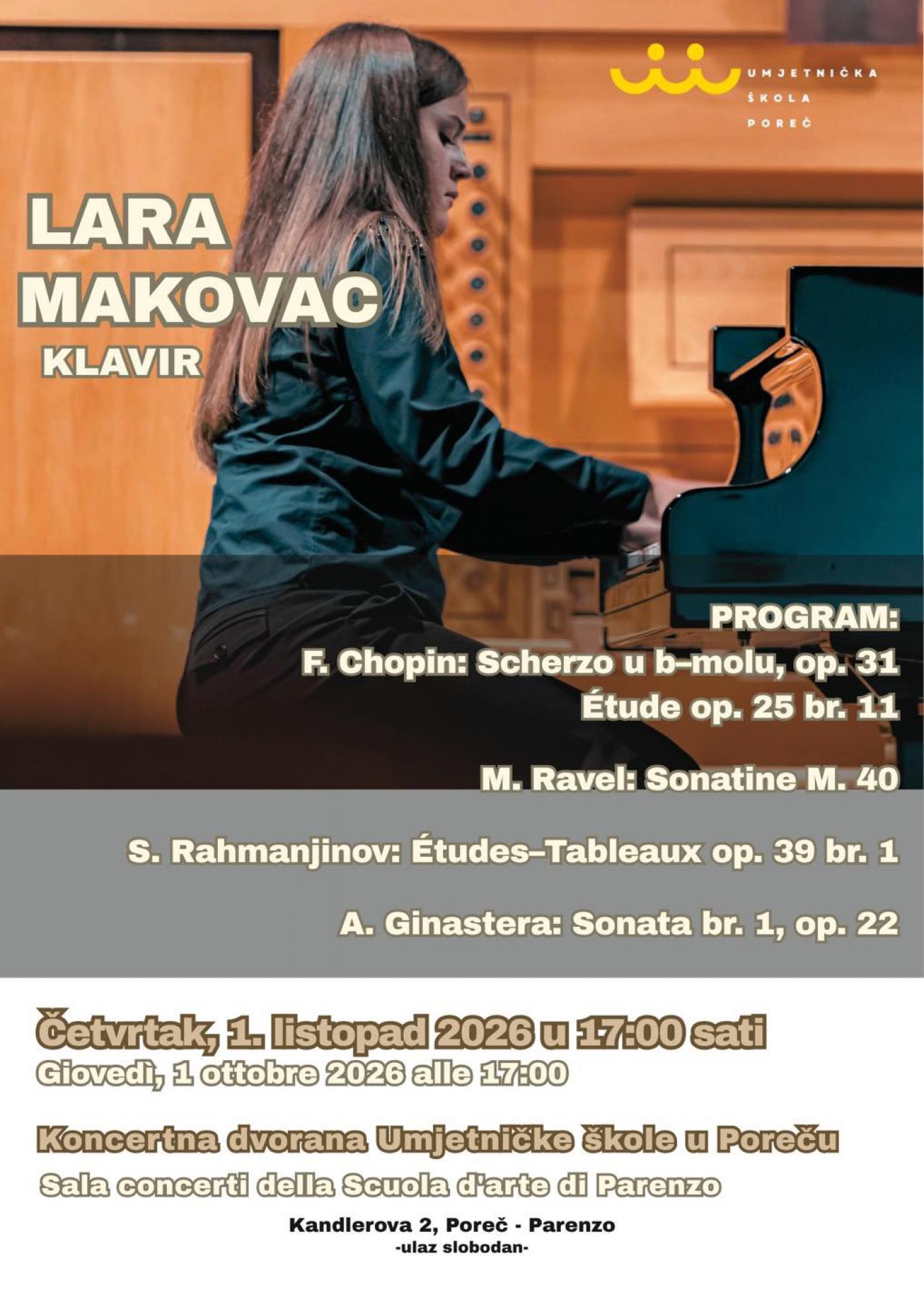Mlada pijanistička zvijezda Lara Makovac donosi vrhunski glazbeni program u Poreč